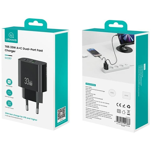 USAMS Hurtigoplader 33W 1xUSB-C 1xUSB-A CC317 - Sort Svart