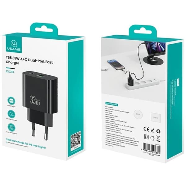 USAMS Snabbladdare 33W 1xUSB-C 1xUSB-A CC317 - Svart Svart
