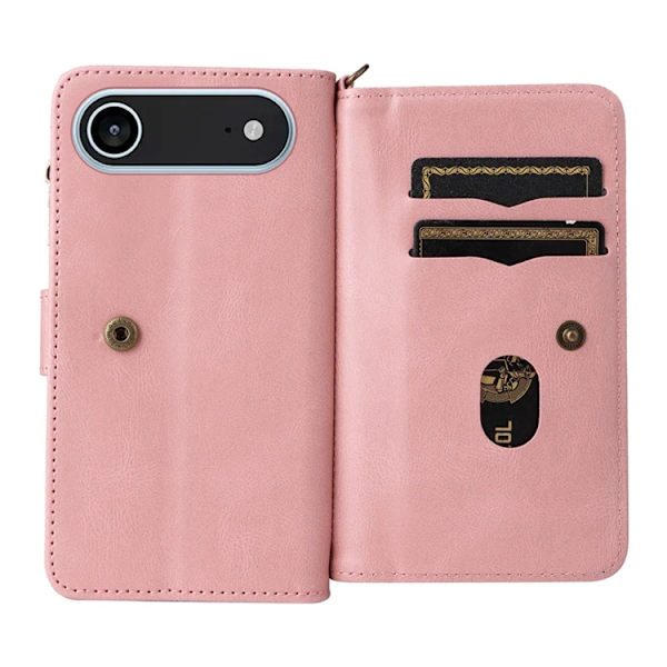iPhone 17 Air Konstläder Plånboksfodral Zipper Rem Rosa