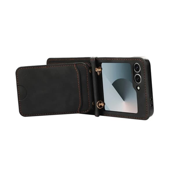Galaxy Z Flip 7 Plånboksfodral Kickstand med Axelrem - Svart Svart