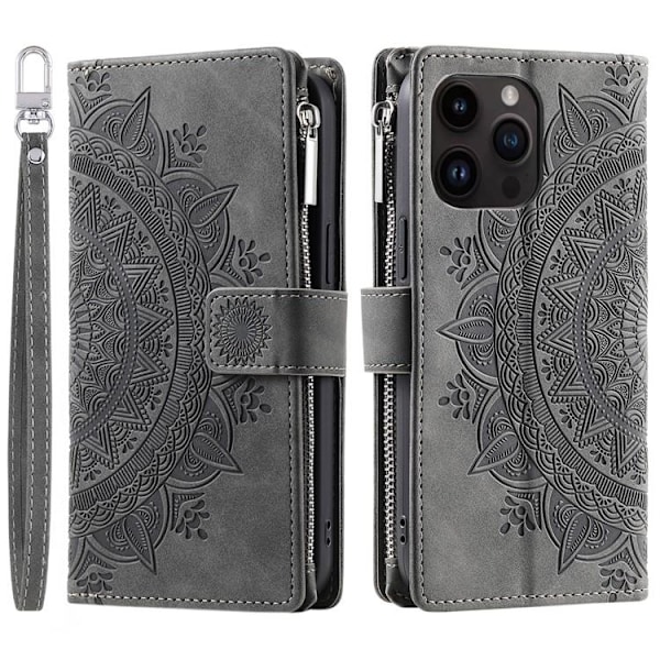 iPhone 15 Pro Max Plånboksfodral Mandala Flower Imprinted - Grå