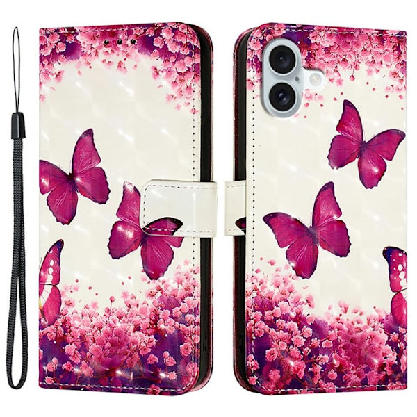 iPhone 16 Plus Plånboksfodral Printing Pattern Med Rem Rosa