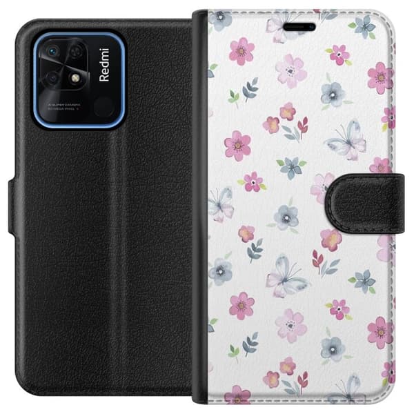 Pung Taske til Xiaomi Redmi 10C med blomster og sommerfugle