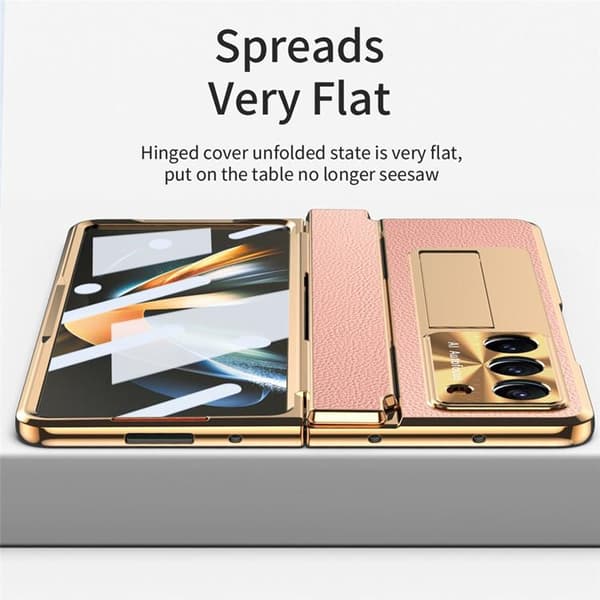 Mobilskal för Galaxy Z Fold 6 5G Läder+PC Kickstand - Guld/Rosa Rosa