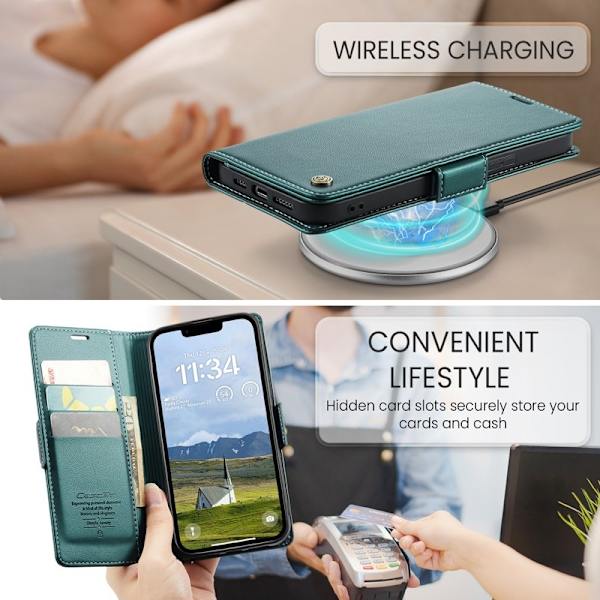 CASEME Plånboksfodral Konstläder för iPhone 16e RFID-Skydd Grön