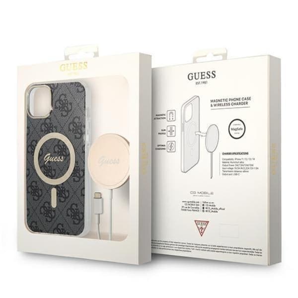 GUESS iPhone 14 Magsafe Skal 4G Print + Trådløs Oplader - Sort Black