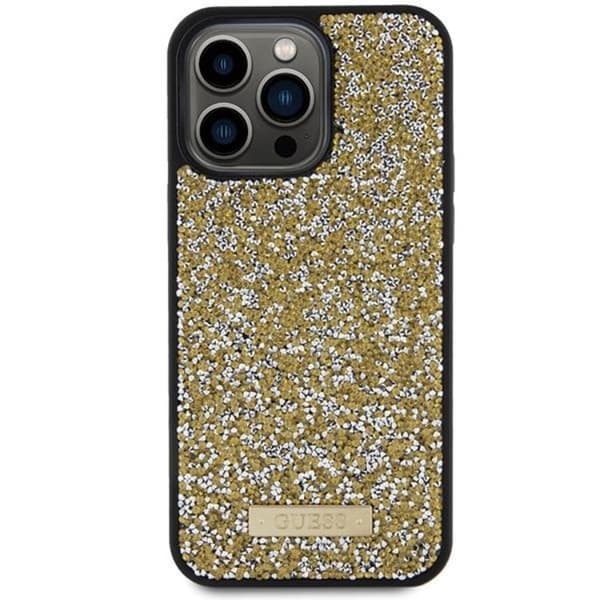 Guess iPhone 15 Pro Max -puhelinkuori, jossa strassit ja metallinen logo - keltainen Gul