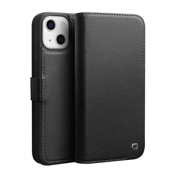 QIALINO iPhone 13 Mini Plånboksfodral Äkta Läder Flip Folio Svart