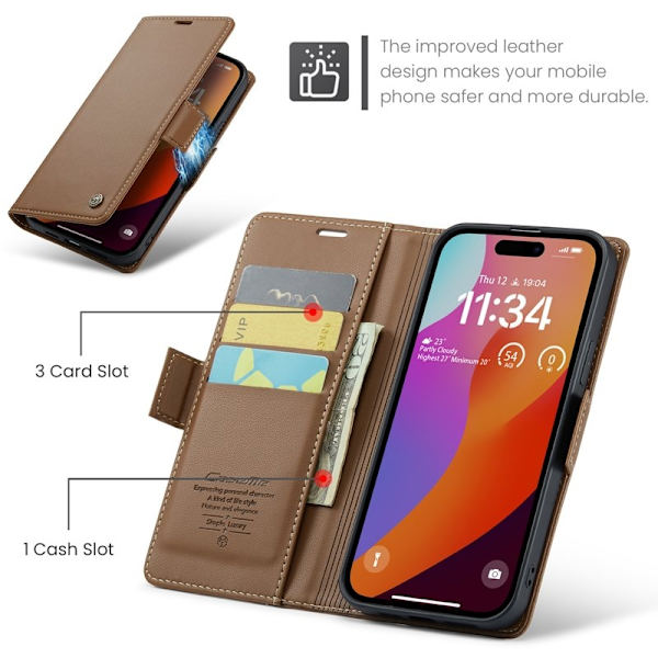CASEME iPhone 16 Pro Max Plånboksfodral Konstläder RFID-Skydd Brun