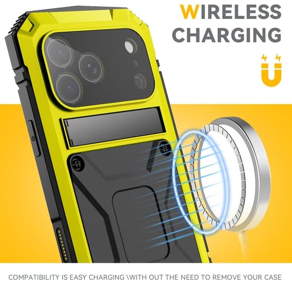 R-JUST Mobilskal till iPhone 17 Pro PC + Silikon + Metall Kickstand Gul