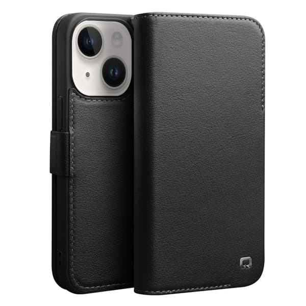 QIALINO iPhone 14 Plus Plånboksfodral Äkta läder - Svart Svart