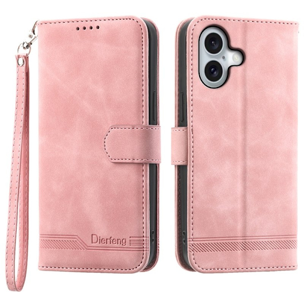 DIERFENG DF-03 Plånboksfodral för iPhone 16 - Konstläder - Rosa