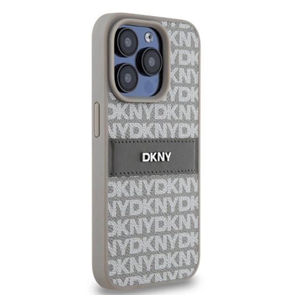 DKNY iPhone 14 Pro Max Mobilskal Läder Mono Stripe & Metal Logo Beige