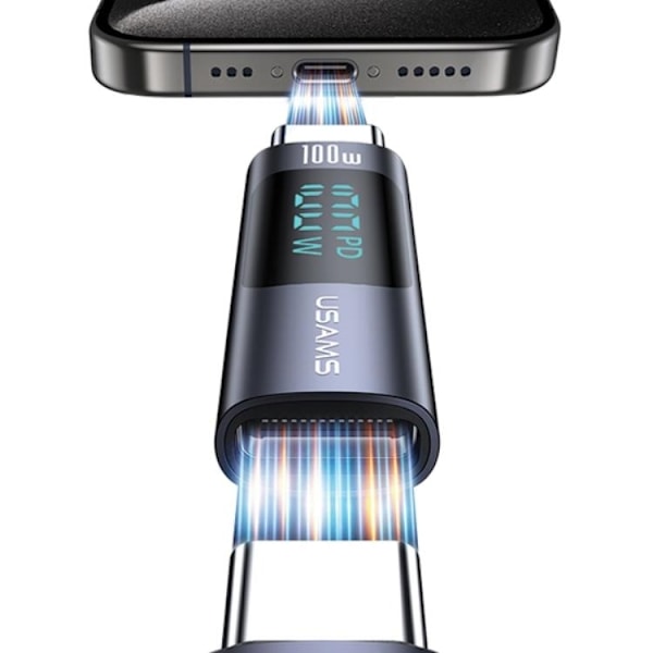 USAMS USB-C till USB-C Adapter 100W med Display - Stål
