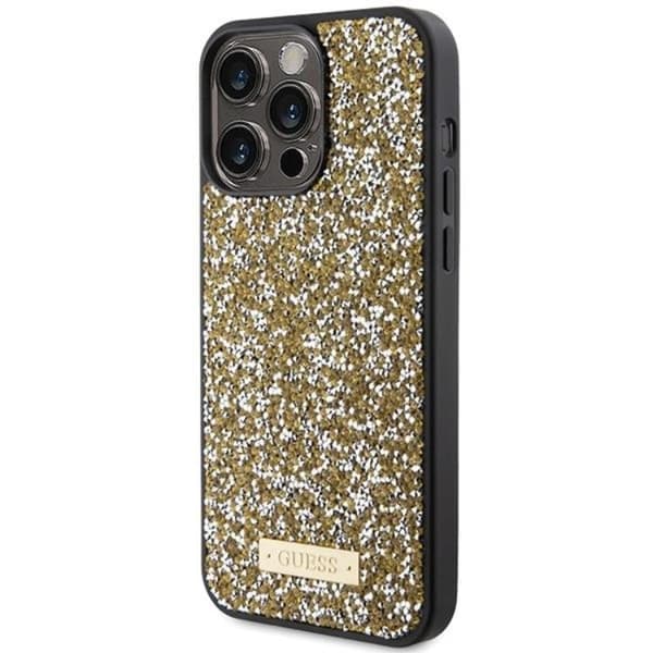 Guess iPhone 15 Pro Max -puhelinkuori, jossa strassit ja metallinen logo - keltainen Gul