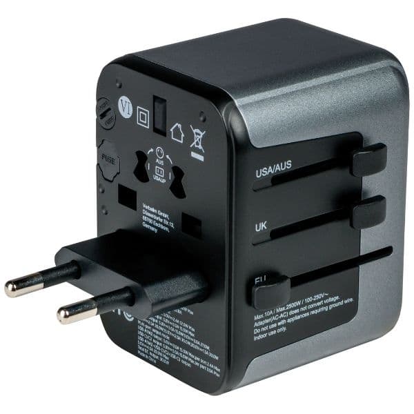 Verbatim Rejselader 30W PD 2xUSB-C 2xUSB-A EU/UK/USA - Sort Svart