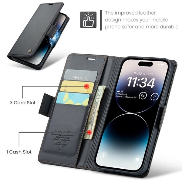 CASEME Plånboksfodral Konstläder till iPhone 15 Pro - Svart