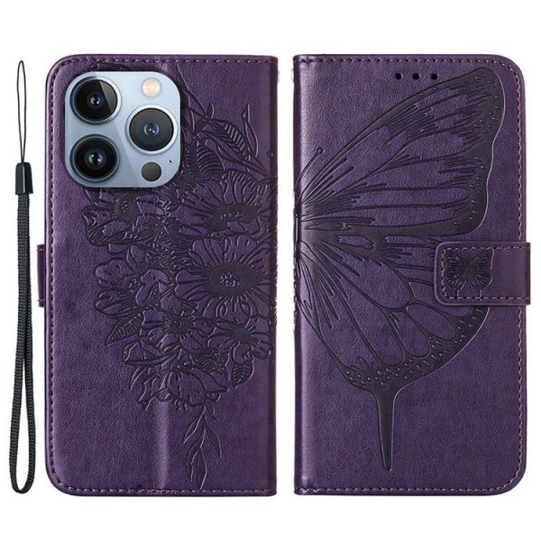 iPhone 14 Pro Max Plånboksfodral Butterfly Flower Imprinted - Lila