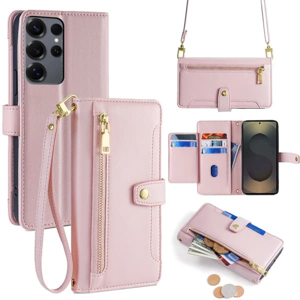 Galaxy S25 Ultra Konstläder Plånboksfodral med 2 Rem - Rosa Rosa