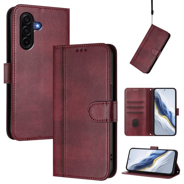 Samsung Galaxy A57 Plånboksfodral Konstläder Retro Textur - Vinröd
