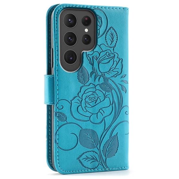 Galaxy S25 Ultra Konstläder Plånboksfodral Imprinted Rosa Butterfly - Blå Blå