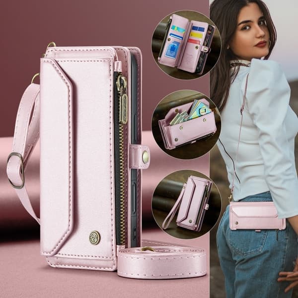 CASEME Plånboksfodral Konstläder för iPhone 17 Pro med dragkedja - Rosa