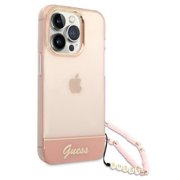 GUESS iPhone 14 Pro Skal Translucent Pearl Strap - Rosa Rosa