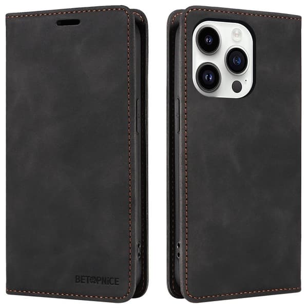 BETOPNICE 003 iPhone 15 Pro Plånboksfodral Konstläder - Svart