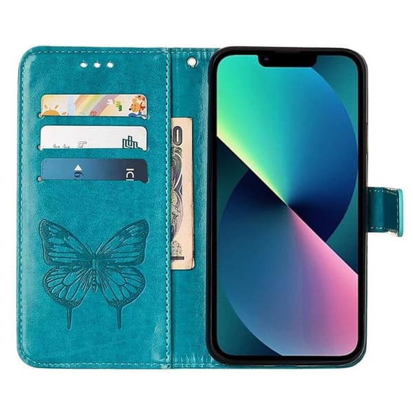 iPhone 14 Plus -lompakkokotelo Butterfly Flower Imprinted - Sininen Blå