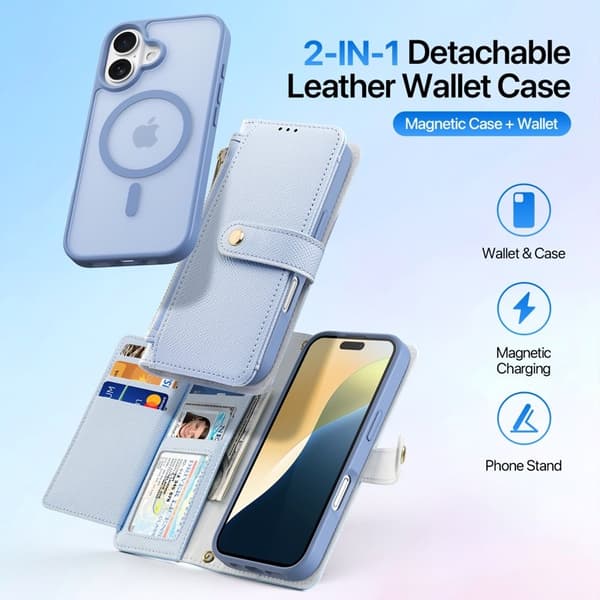 DUX DUCIS Lawa Series iPhone 16 Plånboksfodral Äkta Läder - Blå