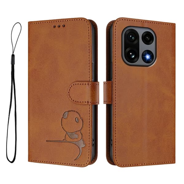 OnePlus 15 Konstläder Plånboksfodral Panda Imprint RFID-Skydd Brun