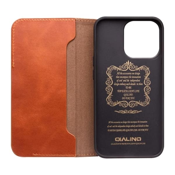 QIALINO iPhone 14 Plånboksfodral Äkta Läder Magnetic - Brun Brun