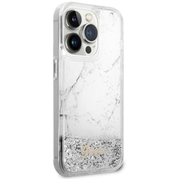 Guess iPhone 14 Pro -puhelinkuori Liquid Glitter Marble - Valkoinen