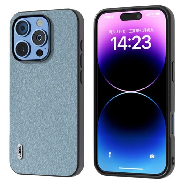 ABEEL Mobilskal till iPhone 16 Pro Litchi Textur Äkta Läder - Blå