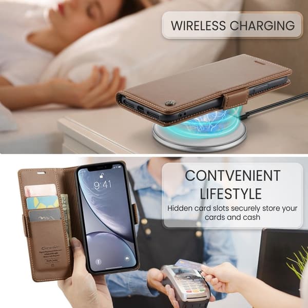 CASEME Plånboksfodral Konstläder för iPhone XR RFID-Skydd - Brun