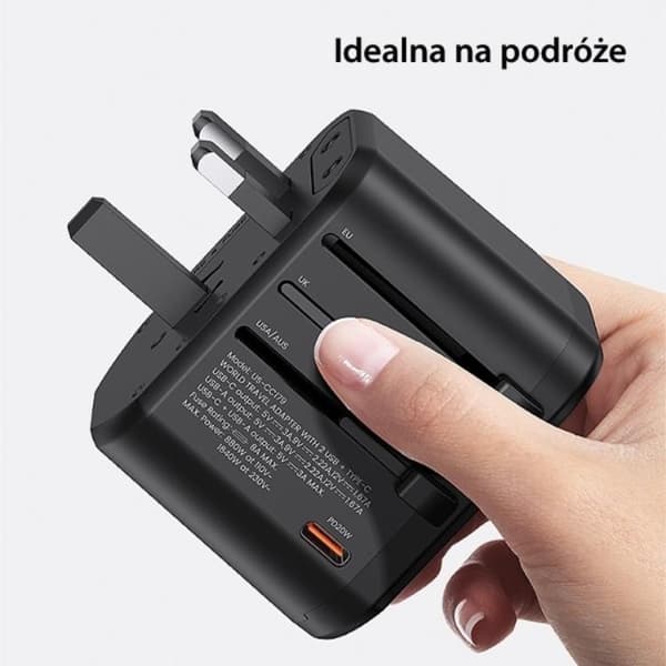 USAMS Universal Reseladdareadapter 20W 1x USB-C 2xUSB US/AU/EU/UK T59 Svart