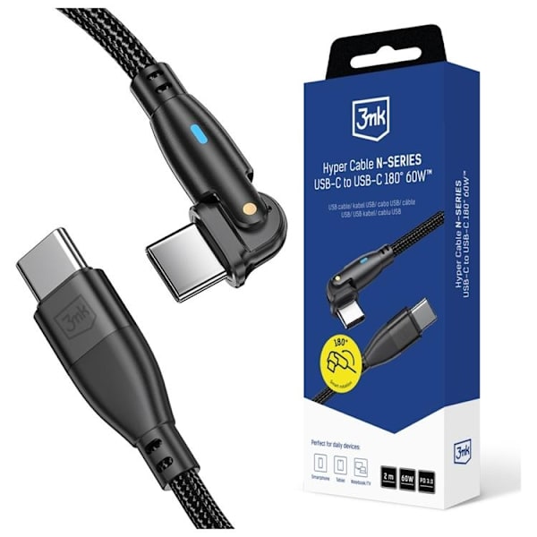 3MK USB-C - USB-C 60W -kaapeli 20V/3A 2m N-SERIES Hyper - Musta Svart