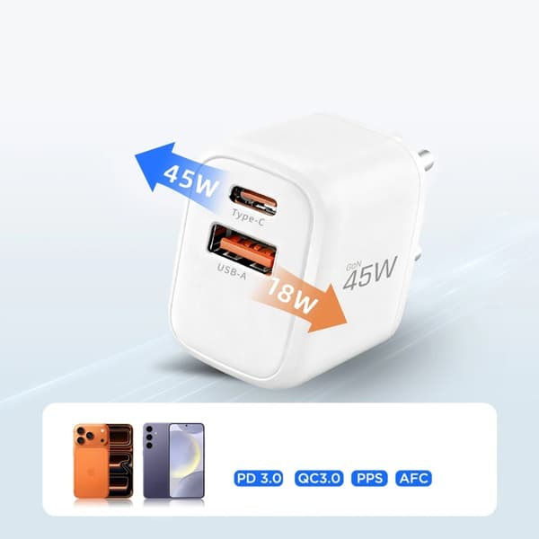 Tech-Protect 2-Port hurtigoplader 45W QC3.0 NCA45W-GAN med kabel Vit