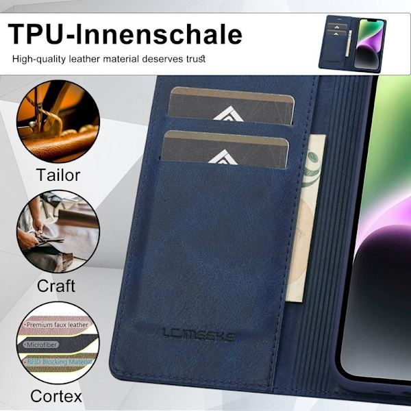 LC.IMEEKE iPhone 14 Plånboksfodral RFID Blocking Konstläder - Blå