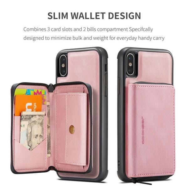 JEEHOOD Mobilskal till iPhone XS Max Detachable Zipper Wallet Rosa