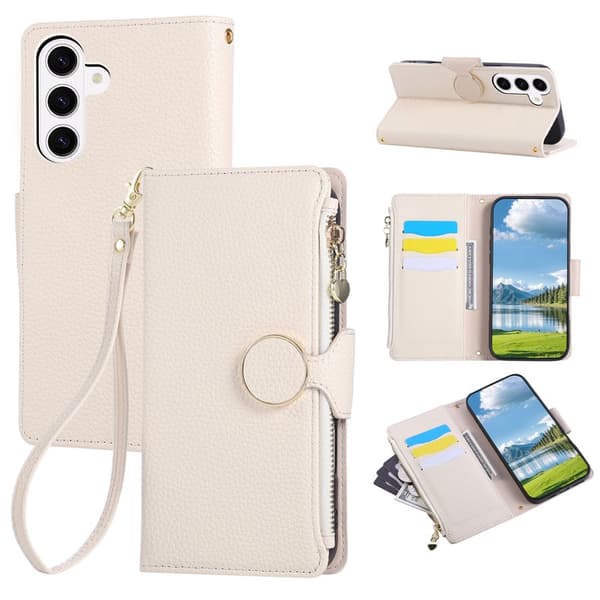 Plånboksfodral för Samsung Galaxy S26 Konstläder med handledsrem - Beige