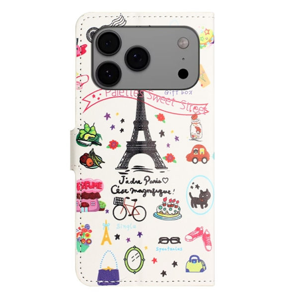 iPhone 17 Pro Plånboksfodral Pattern Print Konstläder - Eiffeltornet Vit