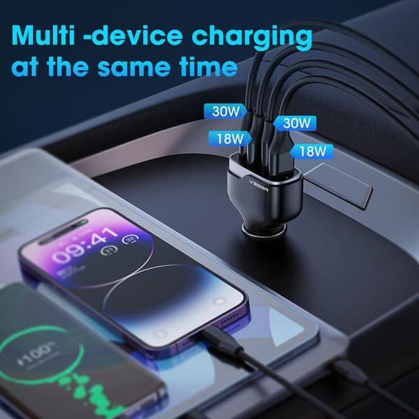 VEGER Biloplader 66W 2xUSB-A 2xUSB-C 3A CC53-2A2C - Sort Svart
