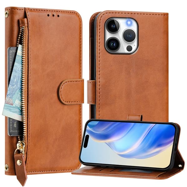 iPhone 16 Pro Max Plånboksfodral Zipper Pocket Läder - Brun Brun