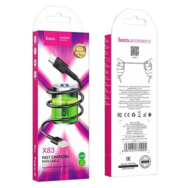 Hoco USB-A - USB-C 3A Kabel 1m X83 - Sort Svart