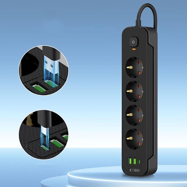 Tech-Protect Strømstik 2x USB/USB-C/4 Stik 200Ccm - Sort Svart