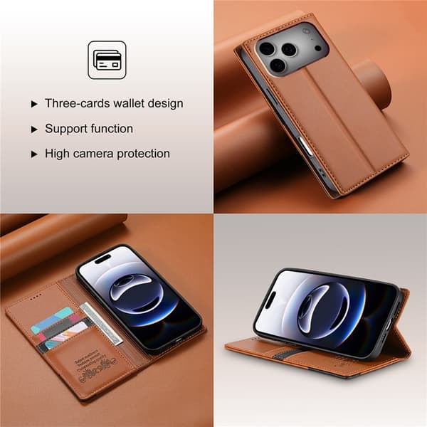 N.BEKUS iPhone 17 Pro Konstläder Plånboksfodral RFID-Skydd P3 - Brun Brun