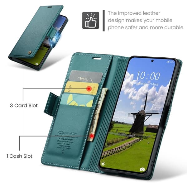 CASEME Xiaomi 14T Plånboksfodral Konstläder RFID-Skydd 3 Kort Grön
