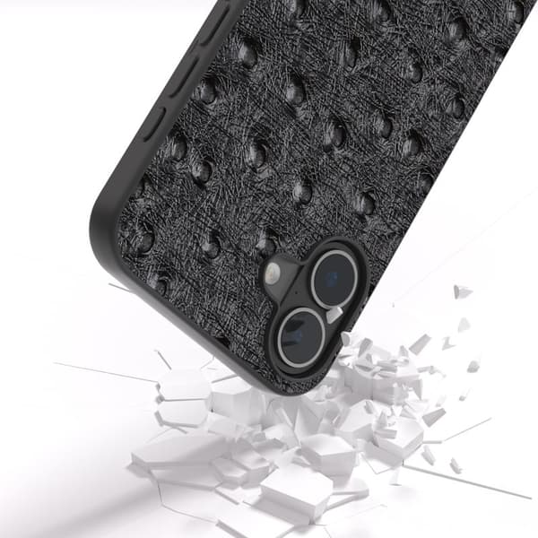 ABEEL Mobilskal till iPhone 16 Äkta Läder + PC + TPU Ostrich Textur Svart