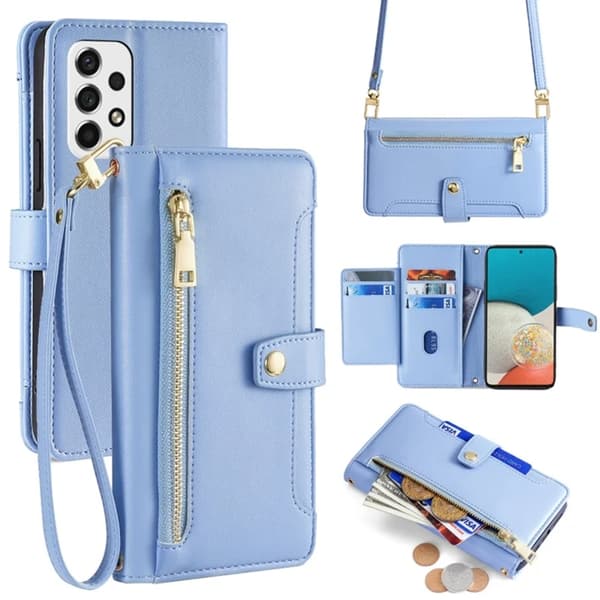 Galaxy A53 5G Konstläder Plånboksfodral Crossbody Axelrem - Blå Blå